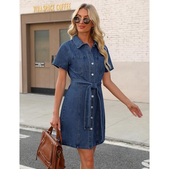 Women's Denim Dress Summer Short Sleeve Button Down with Pockets Plus Size - Picture 3 of 5